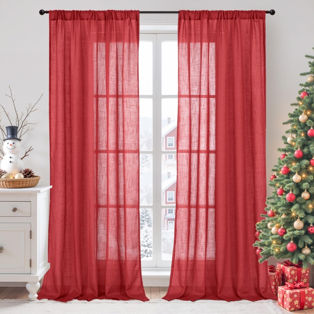 NEW 2 Panel Red Linen Curtains Semi Sheer Window Drapes Coverings 52” x 84”